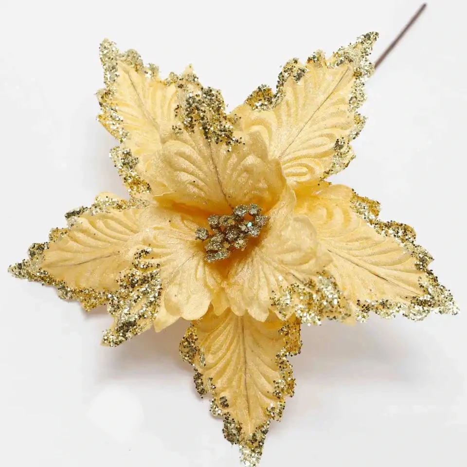 Artificial Flowers Christmas Yellow Velvet Poinsettia Sparkling Christmas Flowers for Home Decoration Christmas Ornament