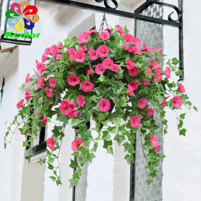 Arranjos de flores artificiais baratos de flor de glória da manhã de plástico de 62 cm para decoração de casa